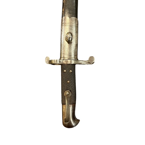 49 - A 19th century unmarked sword bayonet, slightly curved blade. Leather scabbard (split). Blade length... 