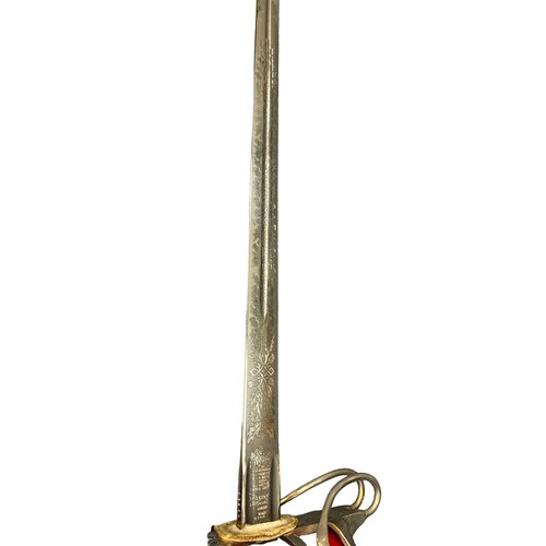 56 - Wilkinson Sword Highland Infantry Officer’s Basket-Hilted broadsword, double-edged blade, etched wit... 