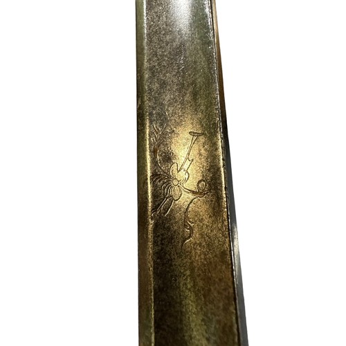 58 - George III double kidney guard sword (damaged), etched to both sides of blade. Wire handle with bras... 