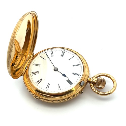 533 - Stunning Pin Set 18k gold Full Hunter pocket watch with case, manual wind, in working order. Weight ... 