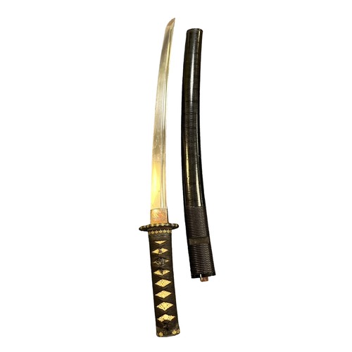 68 - Japanese Wakizashi short sword, single edged curved blade, unsigned to main blade, ray skin wrapped ... 