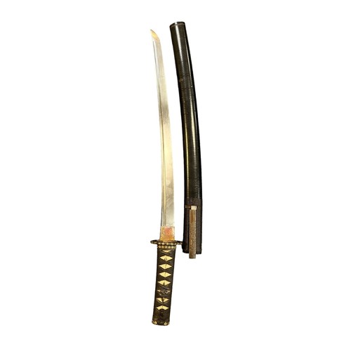 68 - Japanese Wakizashi short sword, single edged curved blade, unsigned to main blade, ray skin wrapped ... 