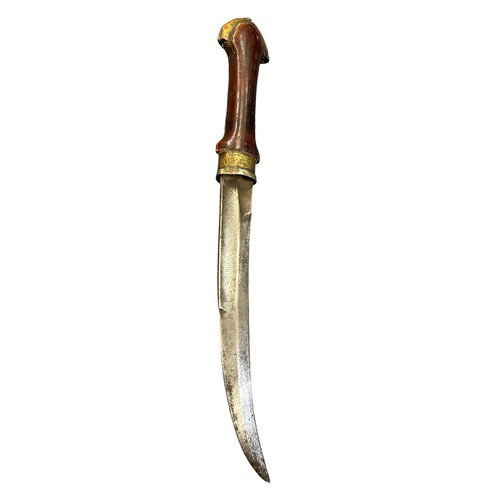 80 - 19th/20th century Arab Jambiya dagger, curved double-edged blade, wooden grip with brass pommel, bra... 