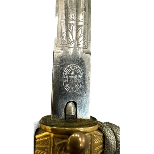 83 - Third Reich Naval Officer’s double-edged dagger by Caril Eickhorn Solingen, blade etched with foliat... 