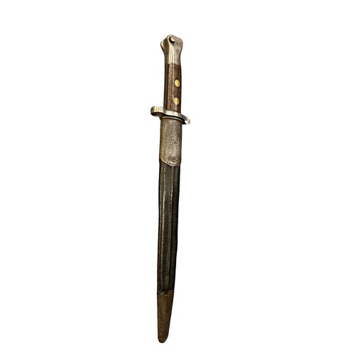 92 - Enfield late 19th century double edged bayonet, with metal mounted leather scabbard, blade stamped w... 