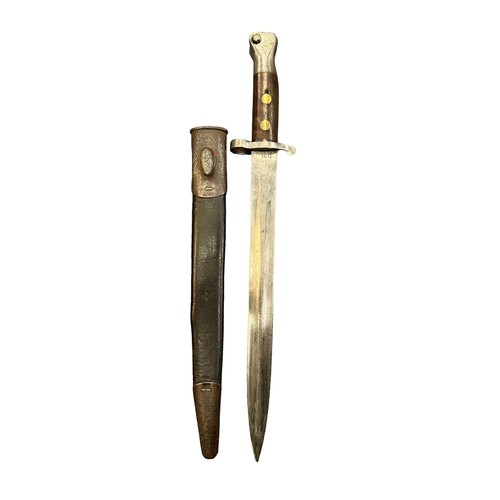 92 - Enfield late 19th century double edged bayonet, with metal mounted leather scabbard, blade stamped w... 