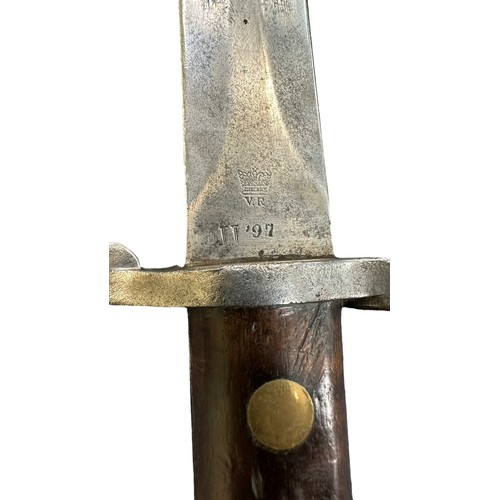 92 - Enfield late 19th century double edged bayonet, with metal mounted leather scabbard, blade stamped w... 