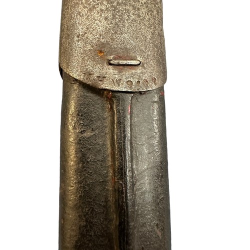 92 - Enfield late 19th century double edged bayonet, with metal mounted leather scabbard, blade stamped w... 