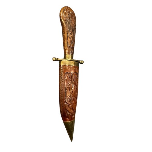 99 - Indian carved wood single-edge blade knife, with wooden carved scabbard, push to release clasp. Blad... 