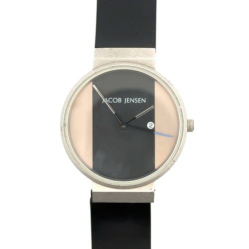 625 - Jacob Jensen two-tone dial wrist watch, 30mm dial, centre seconds hand and date aperture.