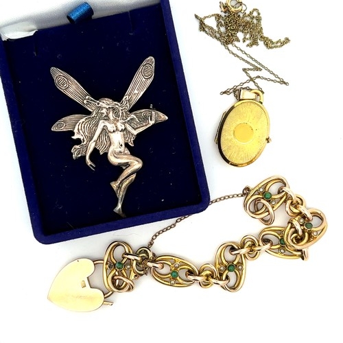 449 - A boxed silver fairy brooch by Jon Richards, a rolled gold locket and chain and a gemstone set brace... 