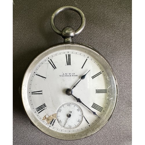 543 - Silver Waltham pocket watch with Dennison watch case and Birmingham 1905 hallmarks. Enamel dial (dam... 