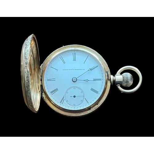 541 - Elgin Natl Watch Co 14ct Gold Hunter pocket watch, white enamelled dial with black Roman Numerals, s... 