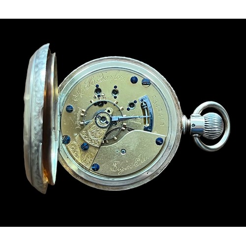 541 - Elgin Natl Watch Co 14ct Gold Hunter pocket watch, white enamelled dial with black Roman Numerals, s... 