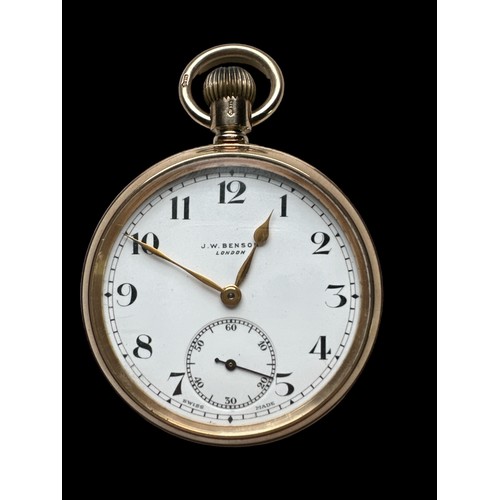 538 - c1931 J W Benson 9ct gold pocket watch, London pocket watch, Swiss movement, total Weight 82gms, man... 