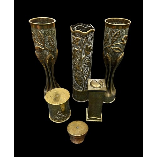 191 - Range of trench art - 6 pieces with three vases, pillar box money bank, round box and cap.