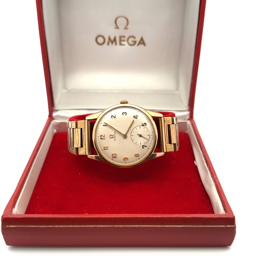 635 - Gents 1964 9ct gold Omega wristwatch with original box, guarantee booklet and purchase papers. Inscr... 