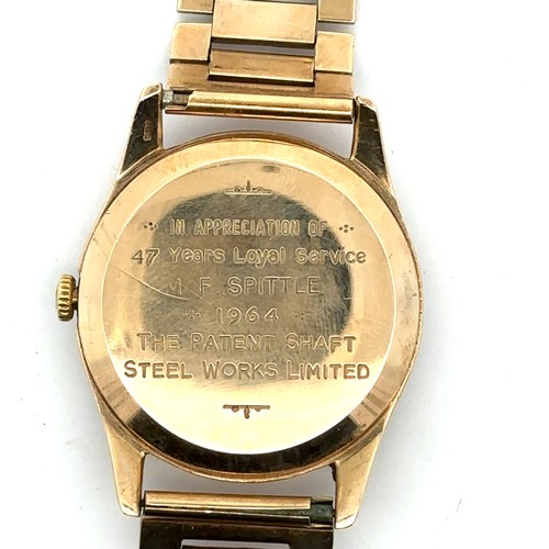 635 - Gents 1964 9ct gold Omega wristwatch with original box, guarantee booklet and purchase papers. Inscr... 