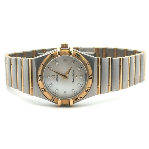 602 - 2001 Ladies Omega Constellation wristwatch, 18k gold & steel, mother of pearl diamond dial, with box... 