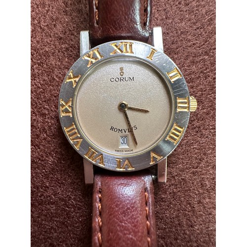 608 - Ladies Corum ROMVLVS wristwatch, steel on leather strap with original buckle, quartz movement, in wo... 