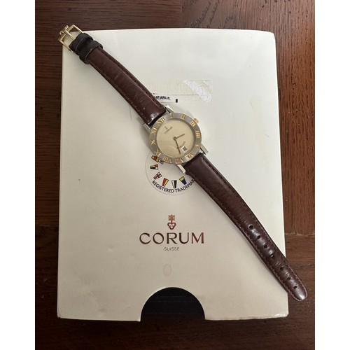 608 - Ladies Corum ROMVLVS wristwatch, steel on leather strap with original buckle, quartz movement, in wo... 