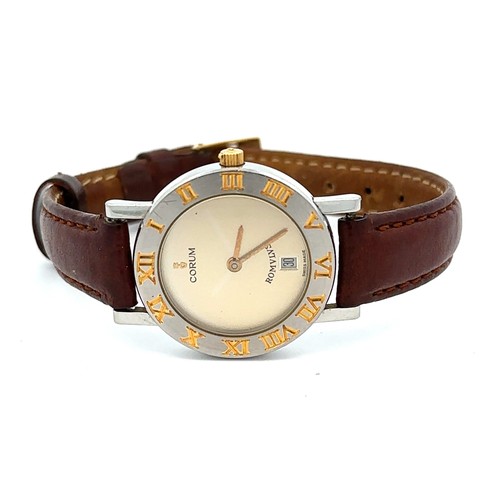 608 - Ladies Corum ROMVLVS wristwatch, steel on leather strap with original buckle, quartz movement, in wo... 