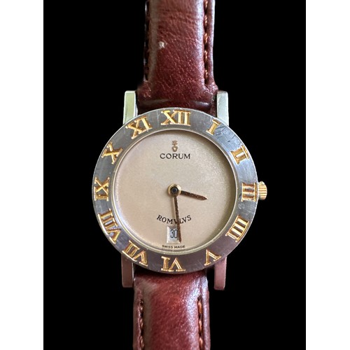 608 - Ladies Corum ROMVLVS wristwatch, steel on leather strap with original buckle, quartz movement, in wo... 