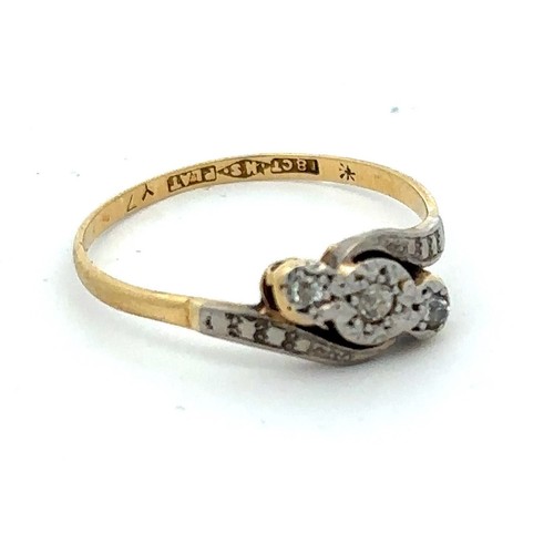 489 - An 18ct gold and platinum three stone diamond ring. Diamonds are old cut, size R, weight 2.25g appro... 