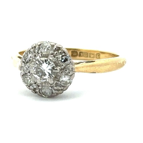 458 - 18ct gold diamond cluster ring, central diamond 1960s hallmarks for Birmingham. Size J