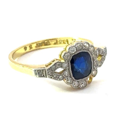 452 - An Art Deco sapphire and diamond ring stamped 18ct gold and platinum. Size L. Sapphire is natural an... 