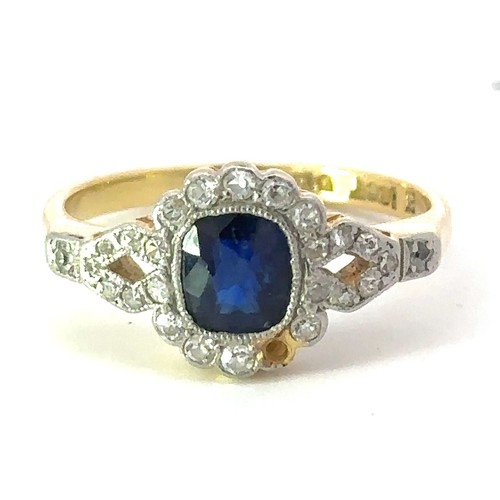 452 - An Art Deco sapphire and diamond ring stamped 18ct gold and platinum. Size L. Sapphire is natural an... 