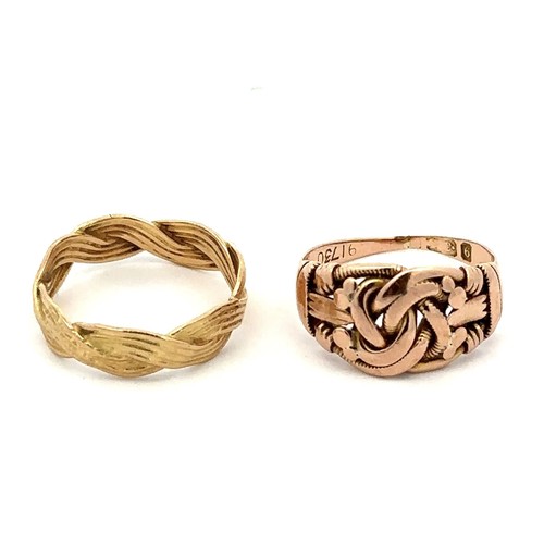 444 - Two gold rings, a Celtic style ring stamped 9k (shank thinning) 3g approx, and a hallmarked 18ct gol... 