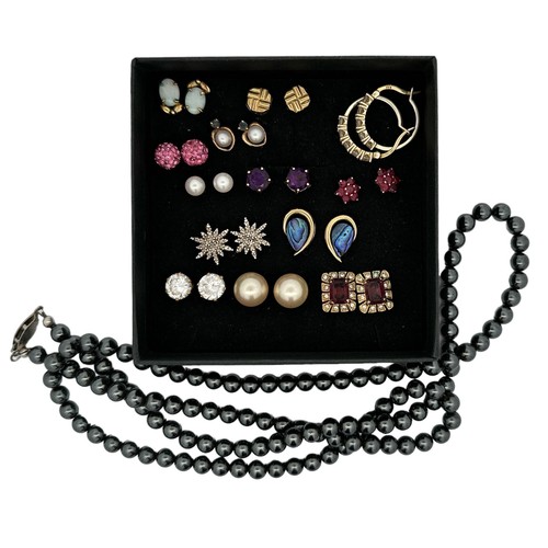 508 - A number of silver,  gold plated and including ruby flower studs, amethyst studs and opal earrings. ... 