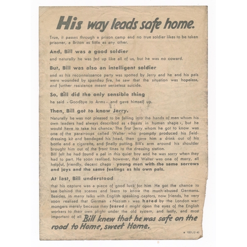 237 - ‘His way leads safe home’ Second World War airborne German Propaganda leaflet, dropped on British so... 