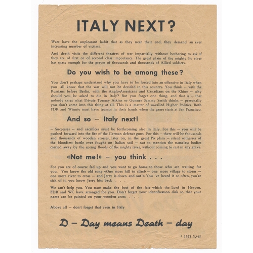 245 - ‘Do you want to be the last to die?’ Second World War German airborne Propaganda leaflet, front depi... 