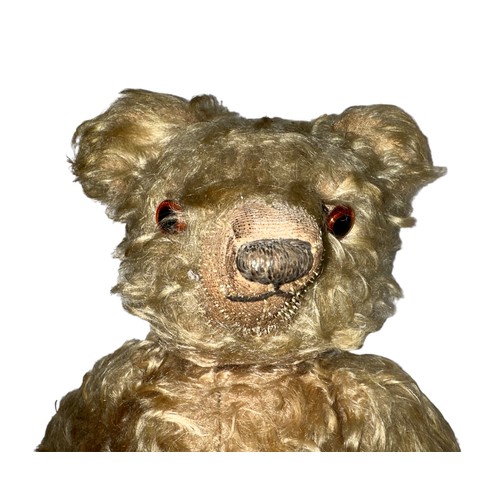 248 - A post-war Chad Valley teddy bear with light curly fur orange and black eyes, jointed limbs and squa... 