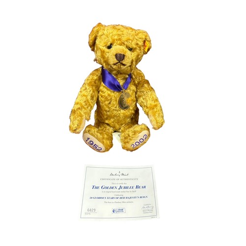 327 - Steiff. The Golden Jubilee Bear, 50 years of HM Queen Elizabeth reign, golden mohair, H28cm, yellow ... 