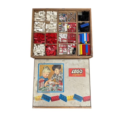 224 - Lego. 1950s onwards System set, generally excellent in good plus wooden box, with range of Lego piec... 