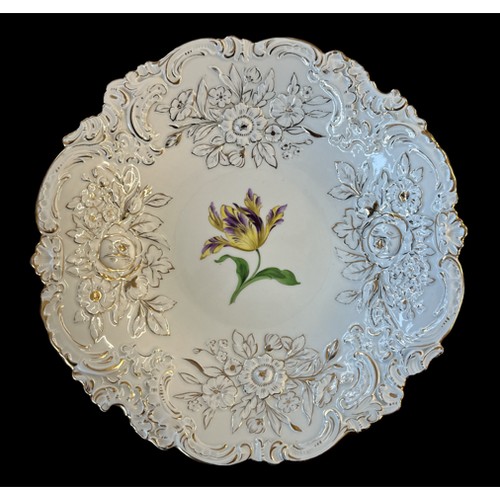 400 - Large Meissen porcelain bowl with hand painted iris flower decoration in the centre and gilded raise... 