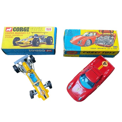 486 - Corgi. Pair of 1960s race cars, with Cooper-Maserati F1 yellow and white, race no. 3, with driver fi... 