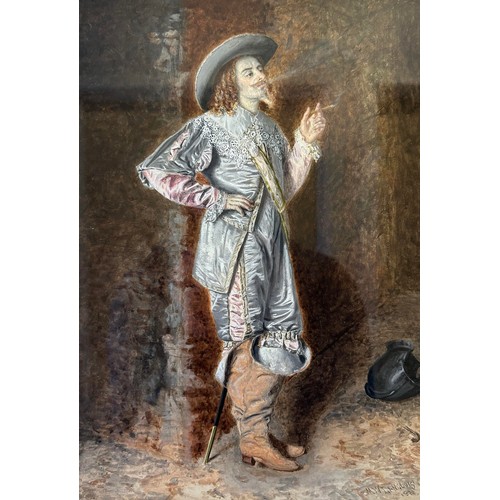 230 - Mark William Langlois (British, 1848-1924). Smoking Cavalier, watercolour heightened with gouache pa... 