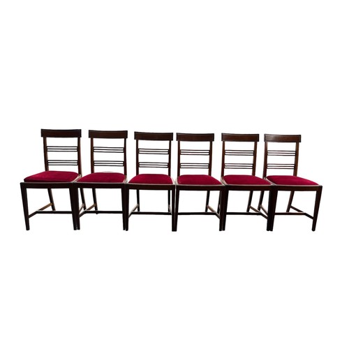 440 - A set of 6 George III style mahogany and line inlaid chairs, circa 1910, each with overlapping crest... 