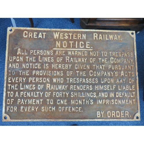 424 - GWR Notice Not To Trespass metal sign, generally good fair (white raised lettering heavily corroded)... 