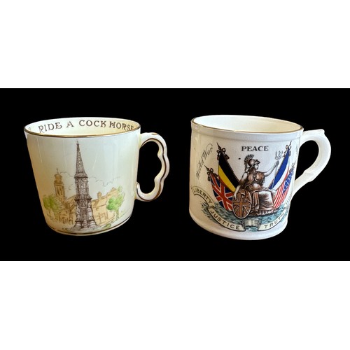 401 - A Great War Peace mug stamped ‘England Nelson China’ to the base and a Crown Staffordshire Fine Bone... 