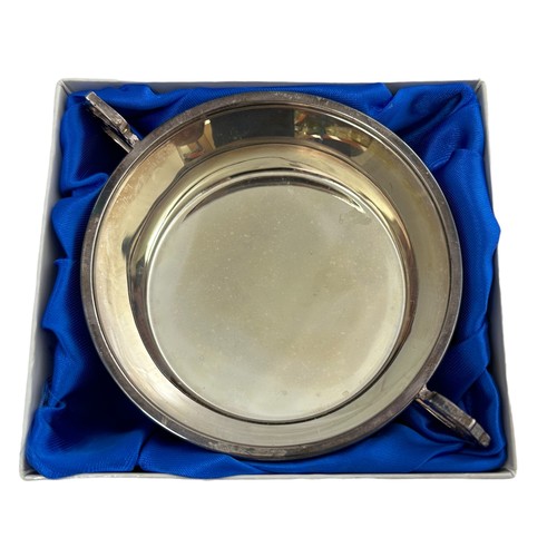 194 - A boxed silver Barker Ellis bowl with twin scroll handles. Diameter 9.5cm, Weight 102g.