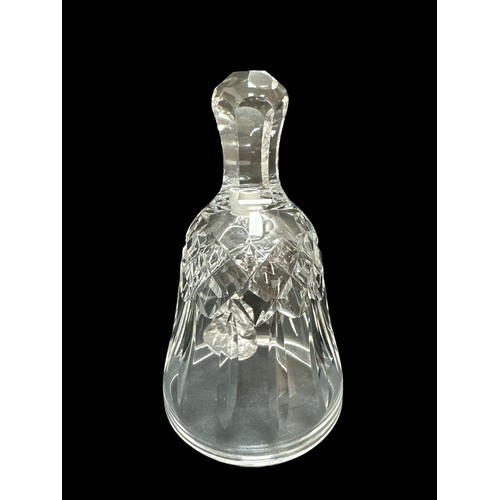 393 - A cut glass biscuit barrel approx 17cm high along with two cut glass jam pots, a crystal bell  and a... 