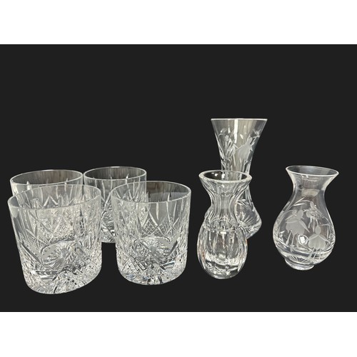 395 - A cased set of four Stuart Crystal tumblers and two Stuart Crystal Cascade flower vases and a furthe... 