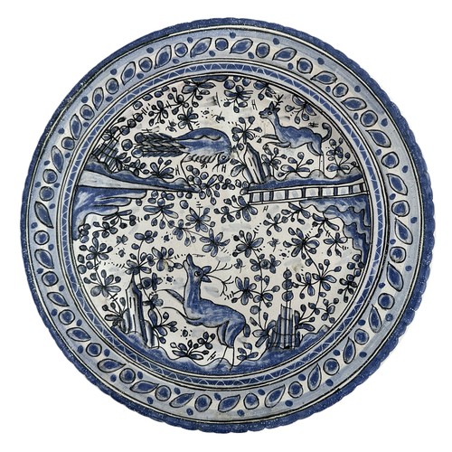 343 - Saks Fifth Avenue (Portugal) hand painted blue and white decorative plate with birds, deer and flora... 