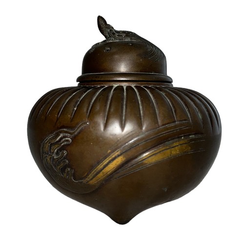 303 - Japanese bronze incense burner, round form decorated to two sides with a crashing wave, lid decorate... 