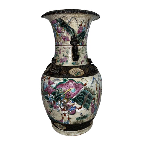 302 - Chinese famille rose Nanking crackle glaze vase, decorated with warrior scene and bronze decorated b... 